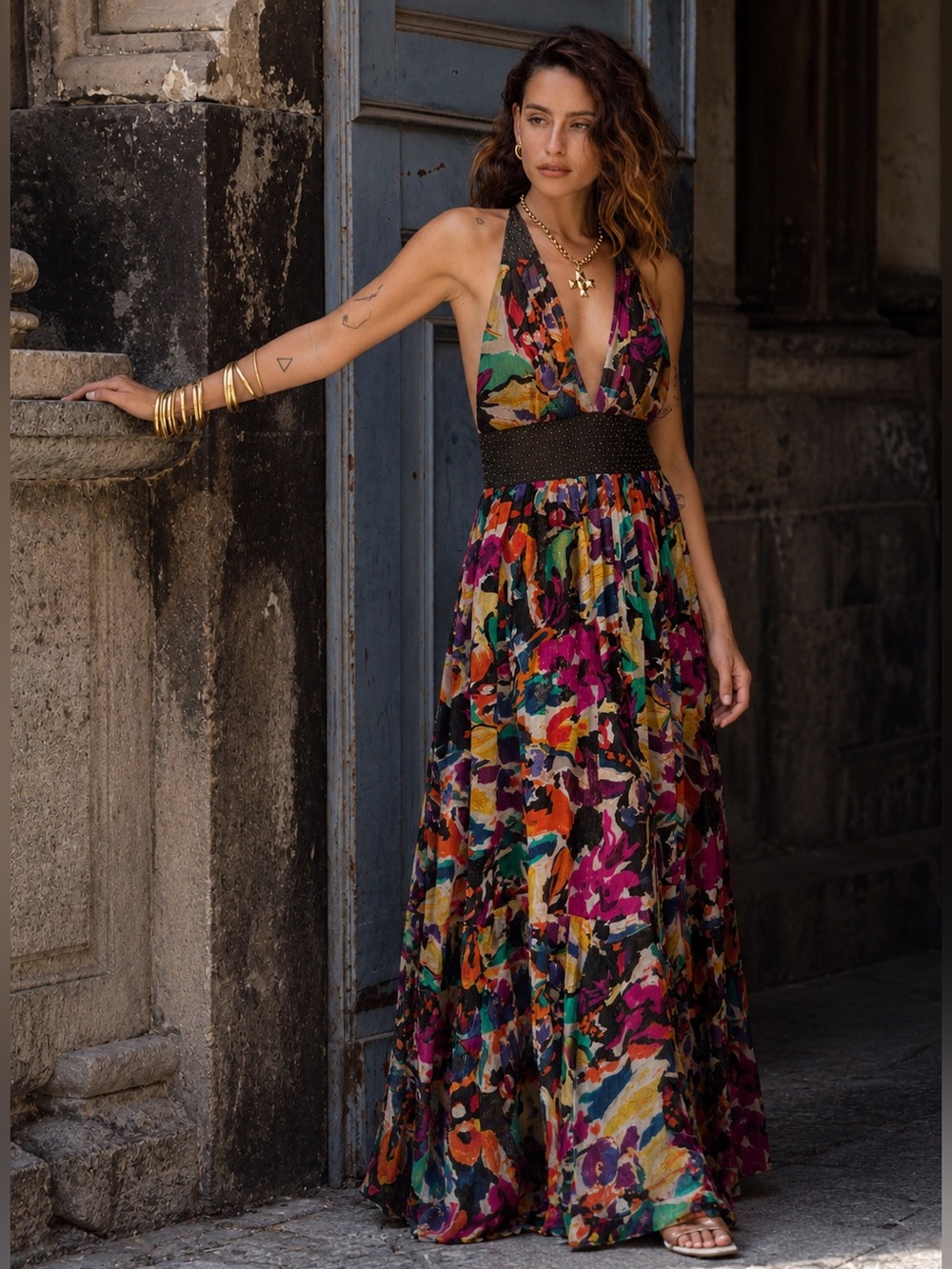 French Connection Beaded Halter Maxi Dress Floral Boho Festival Wedding Guest